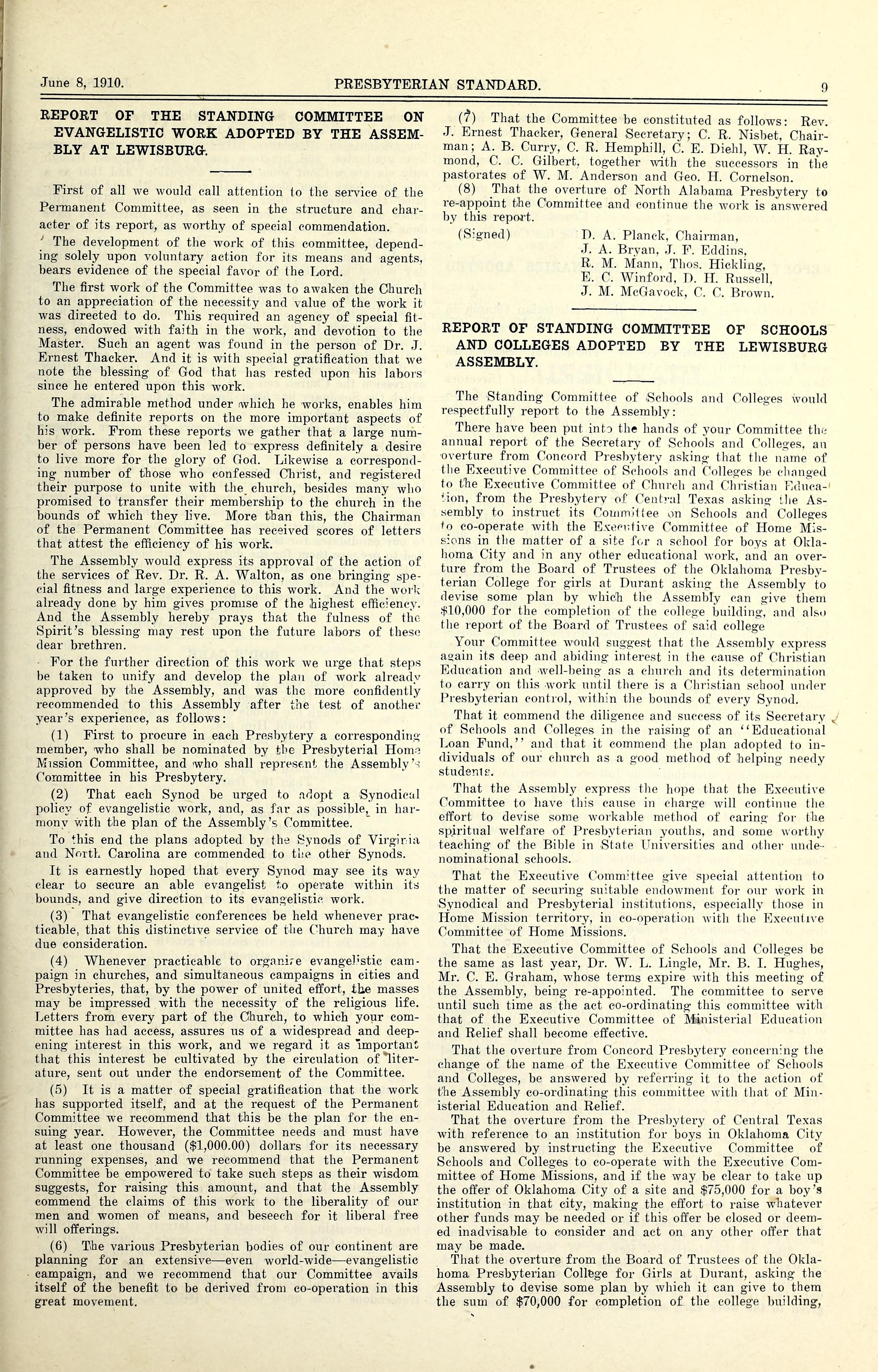 Report on the Standing Committee On Evangelistic Work